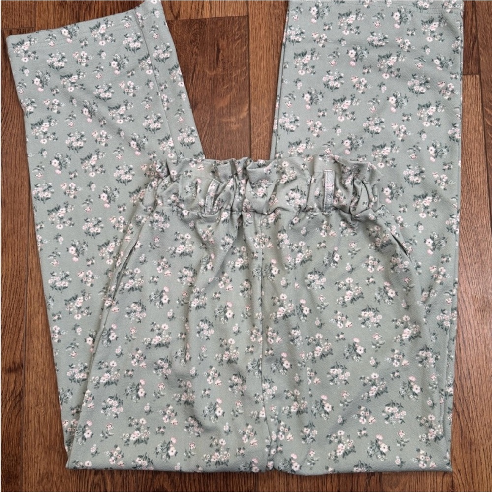 Women's Small Floral Pants High Waisted Spring Sage Green Business Casual